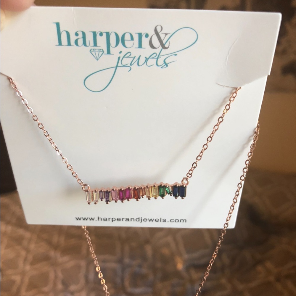 🌈 Rainbow Baguette Necklace Rose Gold